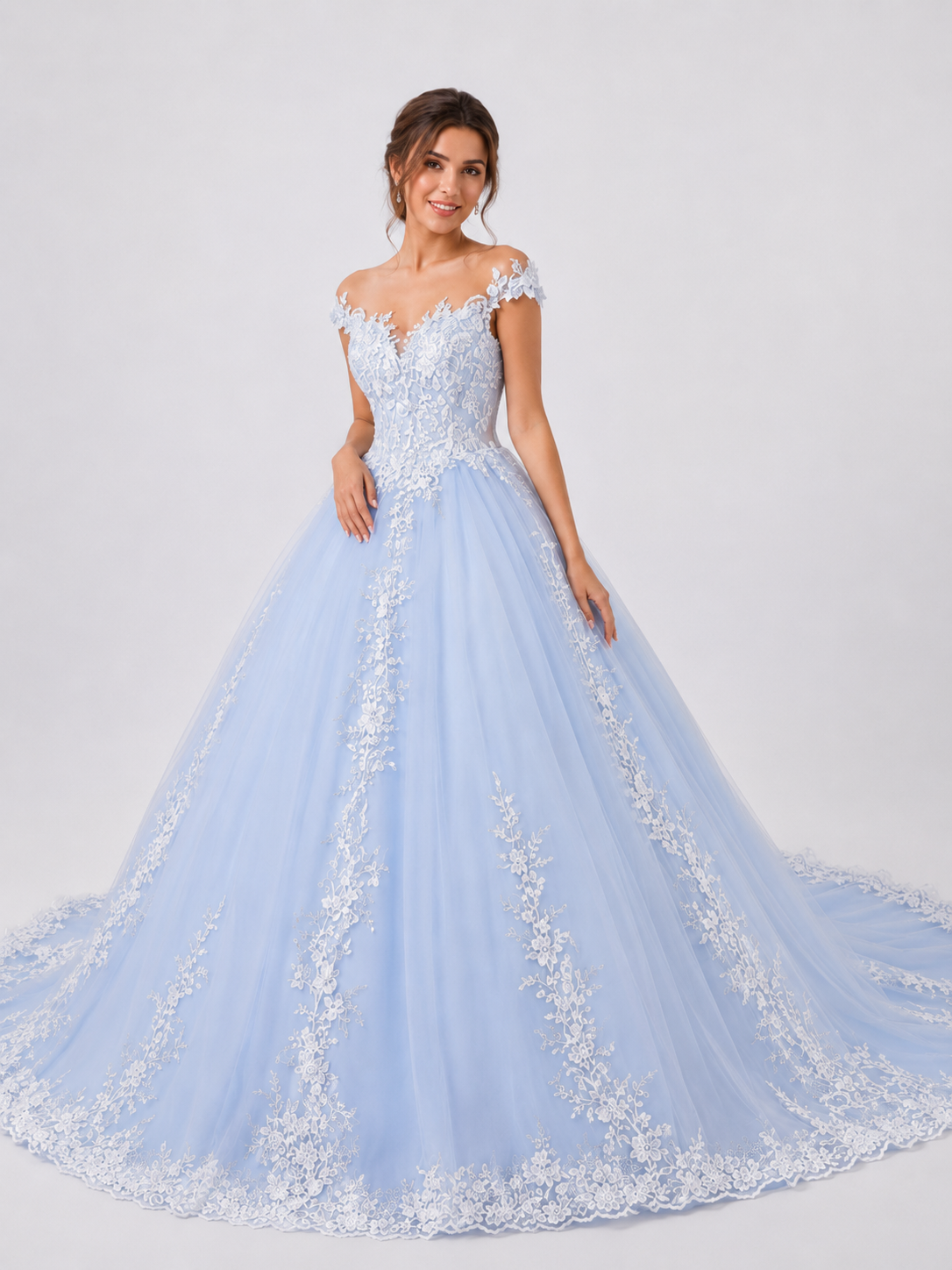 Elegant Off-the-Shoulder Lace Applique Blue A-Line Wedding Dress with Chapel Train
