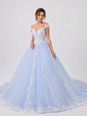 Elegant Off-the-Shoulder Lace Applique Blue A-Line Wedding Dress with Chapel Train