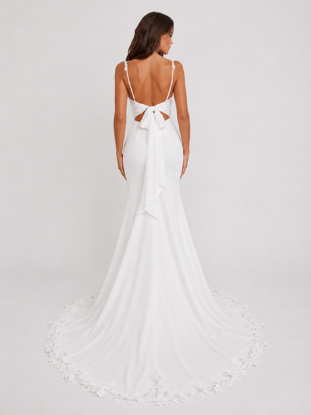 Elegant V-Neck Lace and Satin Mermaid Wedding Dress with Bow Back and Chapel Train