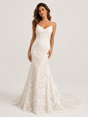 Elegant Spaghetti Strap Floral Lace Sheath Wedding Dress with Sweep Train