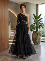 Black One-Shoulder Lace Tulle Evening Dress