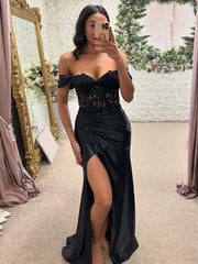 Black Mermaid  Off the Shoulder Long Prom Dress with Appliques