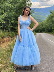 Blue A Line Sweetheart Neck Tulle Tea Length Prom Dress