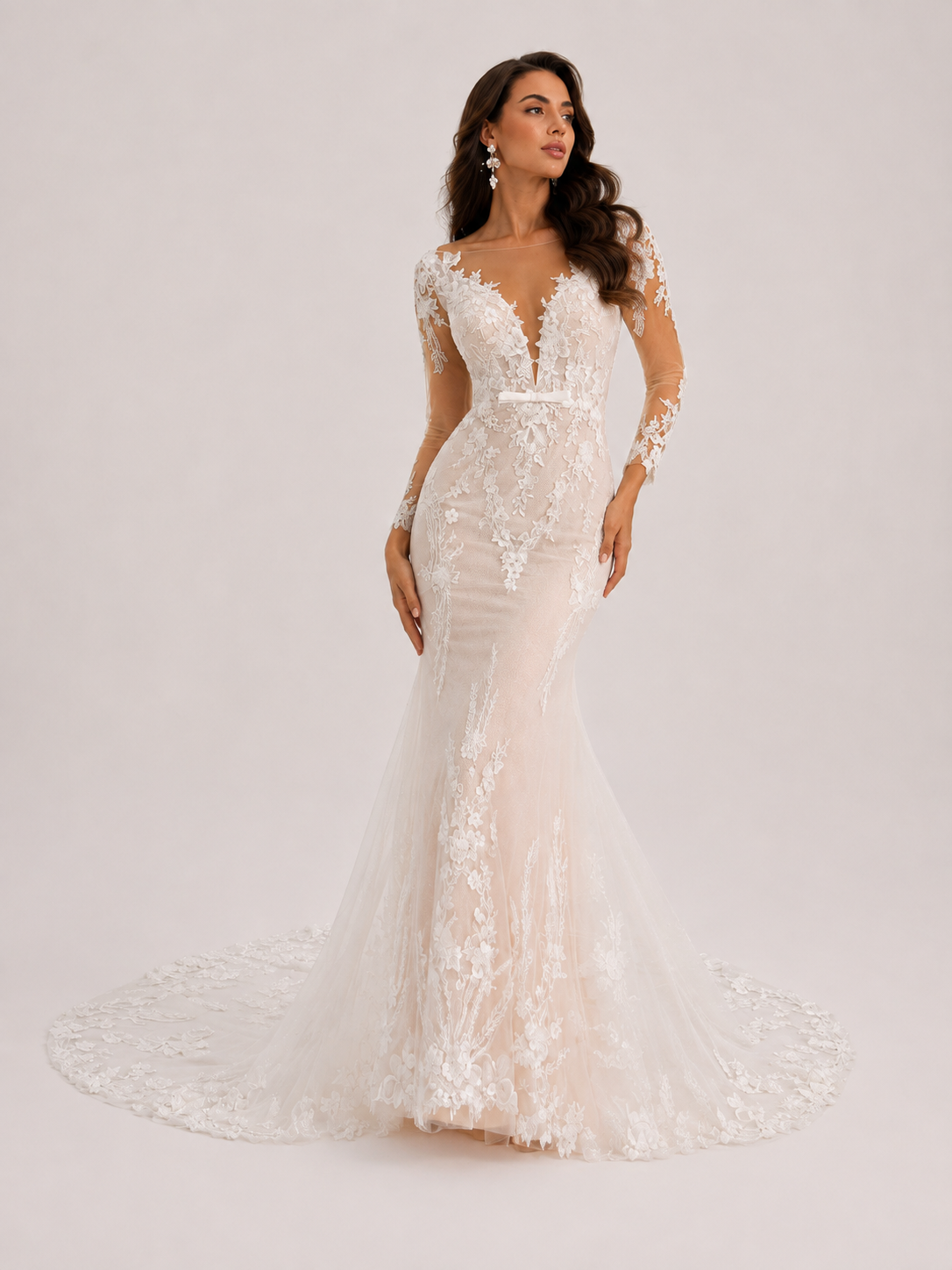 Elegant Long-Sleeve Deep V-Neck Lace Mermaid Wedding Dress with Chapel Train