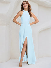 A Line Sky Blue Chiffon Halter Neck Sleeveless Floor Length Dress With High Slit