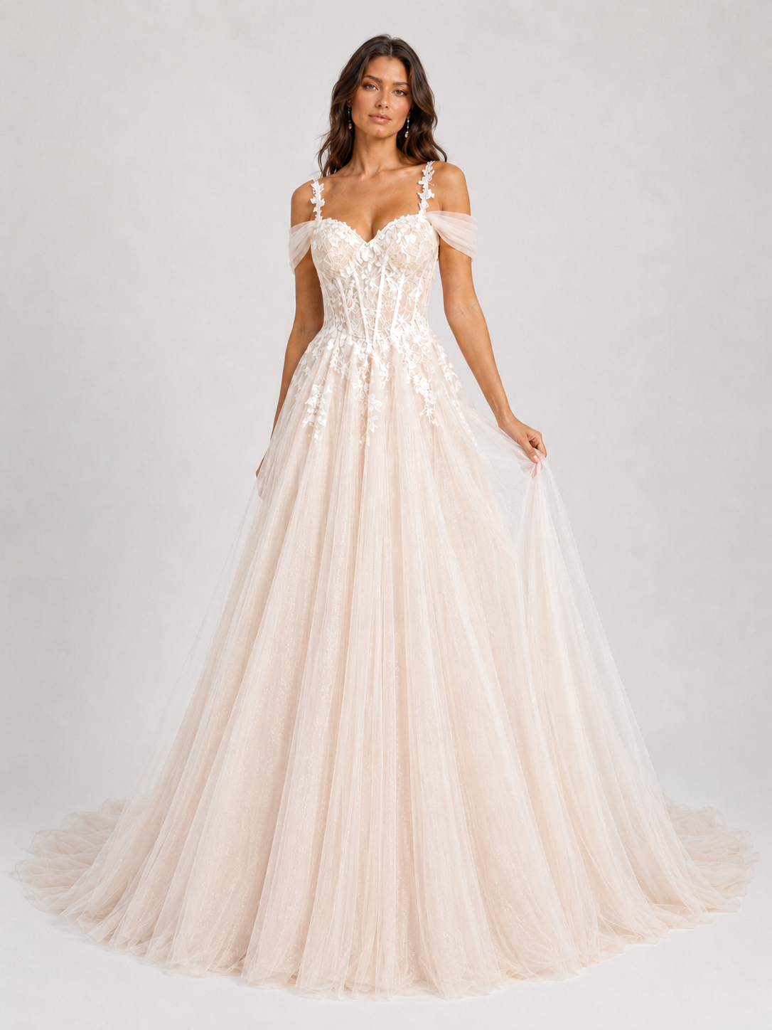 Elegant Floral Applique Tulle A-Line Wedding Dress with Sweep Train