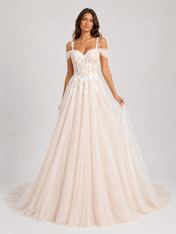 Elegant Floral Applique Tulle A-Line Wedding Dress with Sweep Train