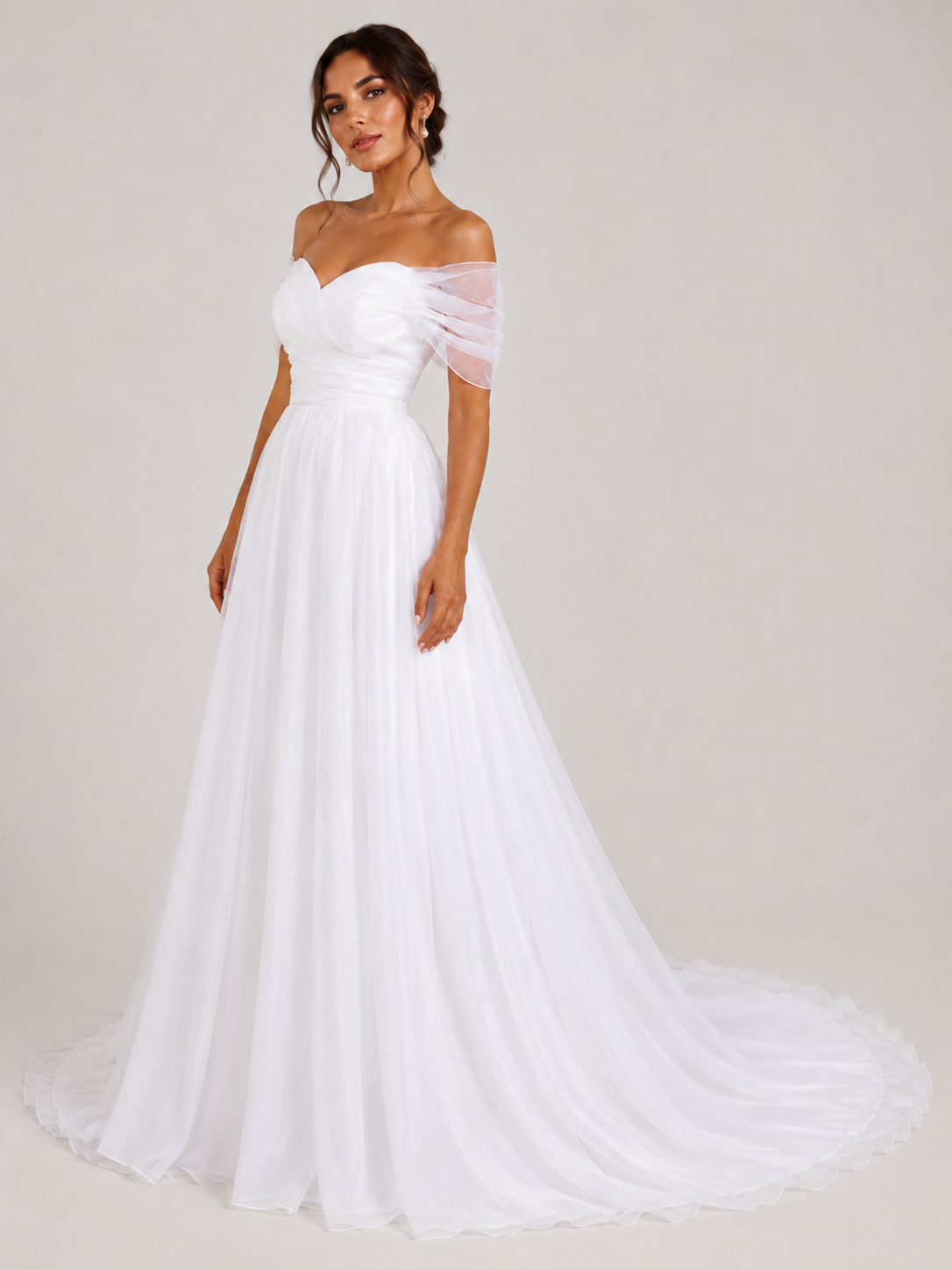 Elegant Ruched Off-the-Shoulder Tulle A-Line Wedding Dress with Sweep Train