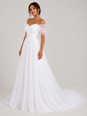 Elegant Ruched Off-the-Shoulder Tulle A-Line Wedding Dress with Sweep Train