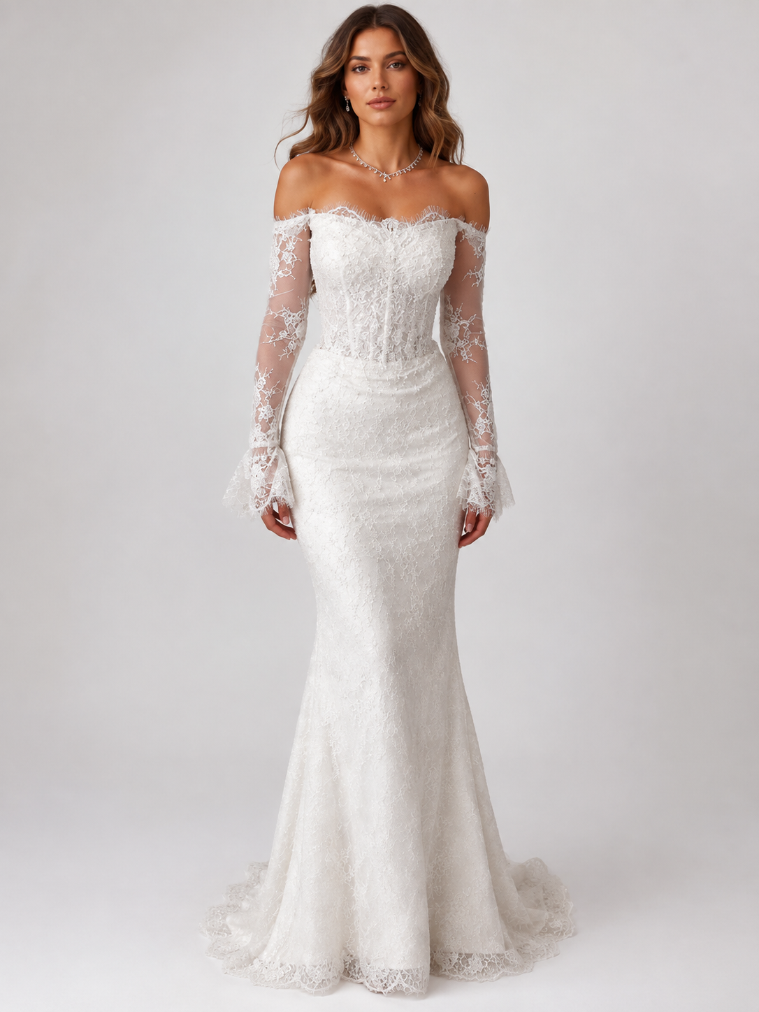 Elegant Off-the-Shoulder Long Sleeve Lace Mermaid Wedding Dress with Sweep Train