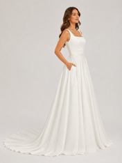 Elegant Square Neckline Pleated Satin A-Line Wedding Dress with Chapel Train