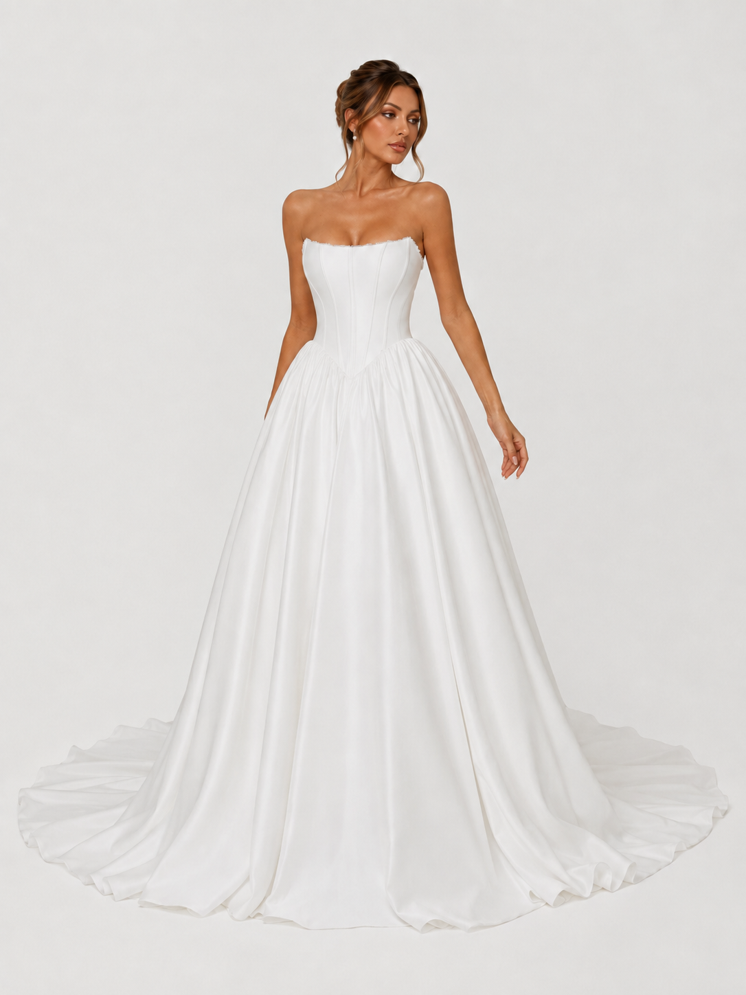 Elegant Strapless Corset Satin Ball Gown Wedding Dress with Chapel Train