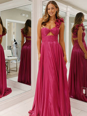 Fuchsia A-Line One Shoulder Metallic Long Prom Dress with Slit