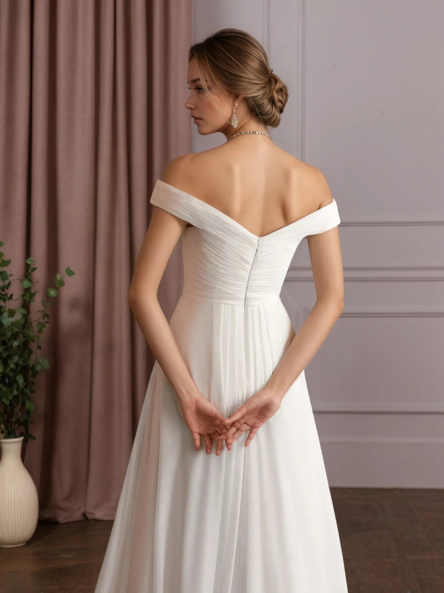 White A-Line Off The Shoulder Sequins Chiffon Wedding Dress