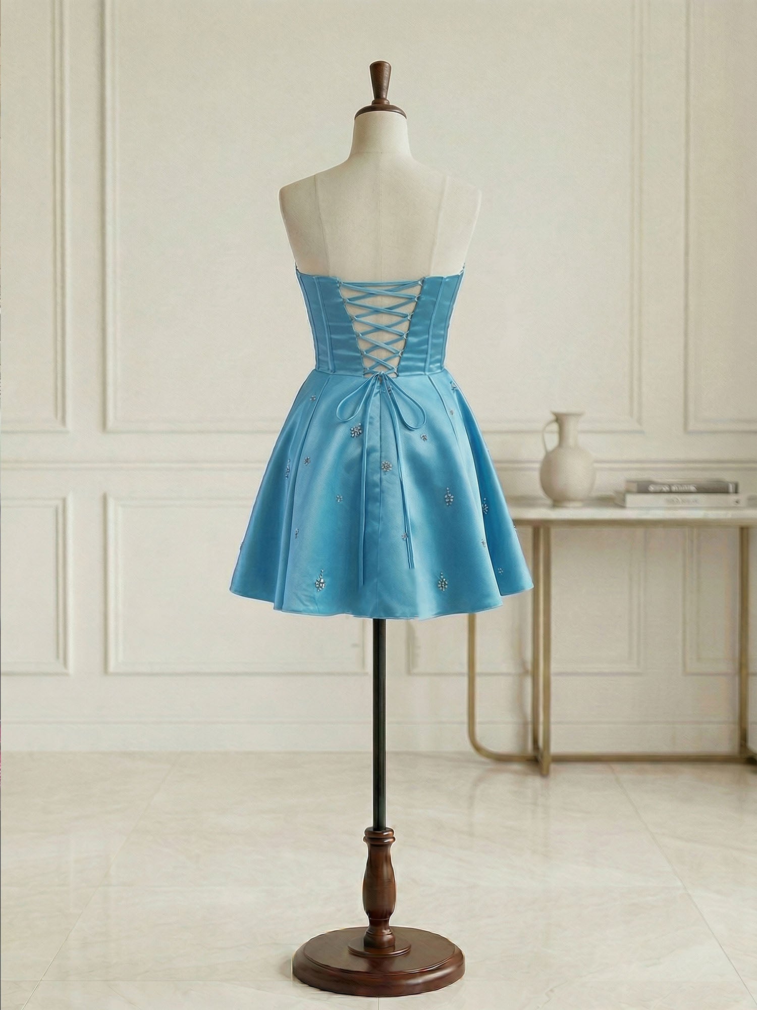 Sparkly Satin A Line Short Corset Homecoming Dress with Rhinestones