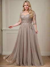 A-line Scoop Illusion Floor-Length Lace Chiffon Mother of the Bride Dress With Sequins