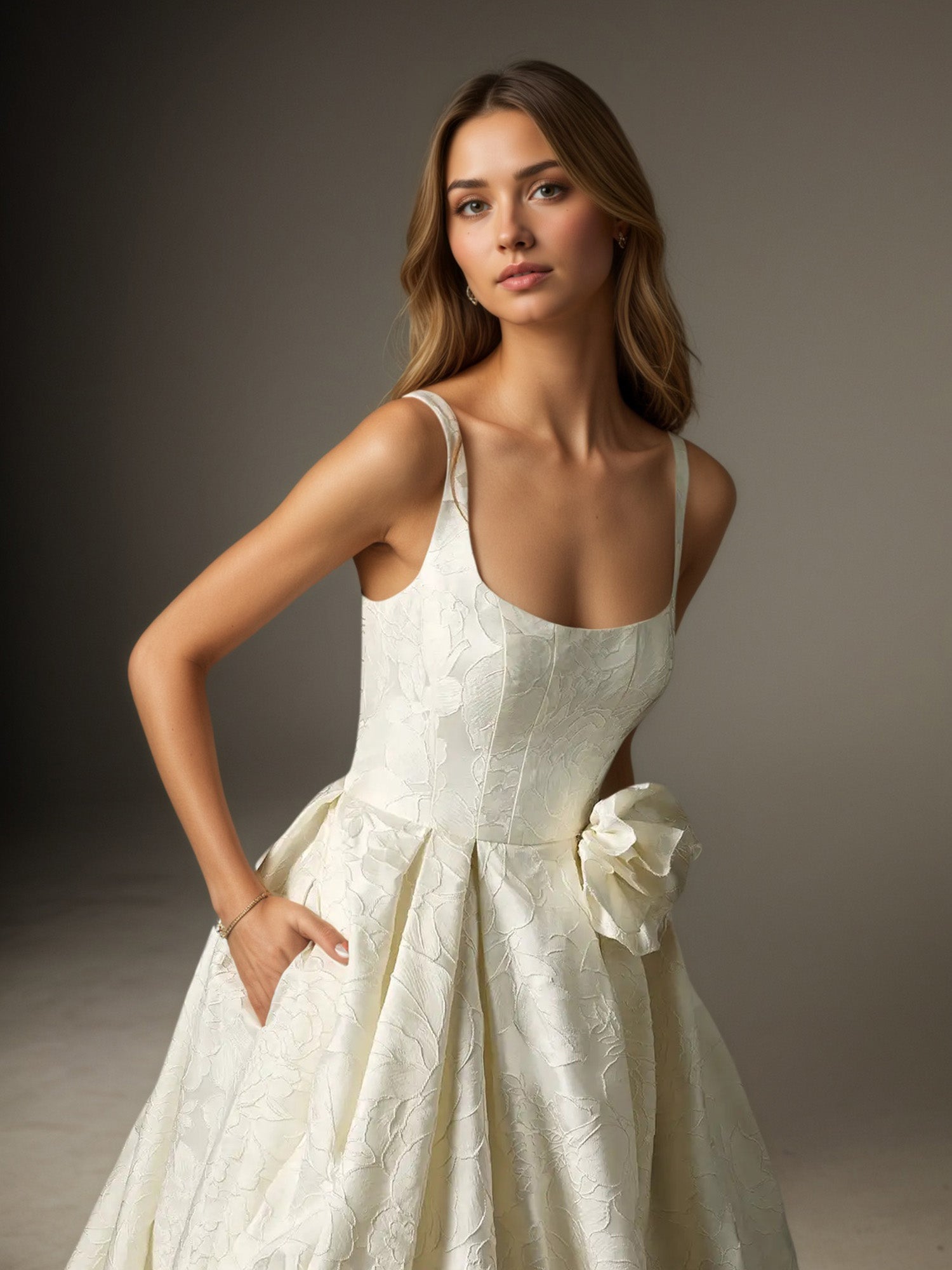 White Ball-Gown with Pockets Floral Jacquard Wedding Dress