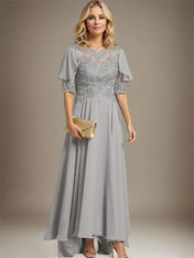 A-line Scoop Illusion Asymmetrical Chiffon Lace Mother of the Bride Dress With Beading