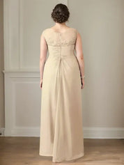 Champagne A-Line Scoop Lace Chiffon Dress