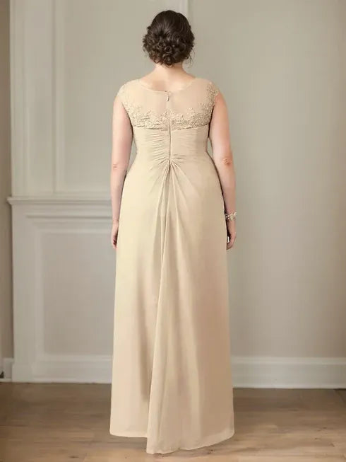 Champagne A-Line Scoop Lace Chiffon Dress