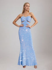 Blue Sequins Halter Dress