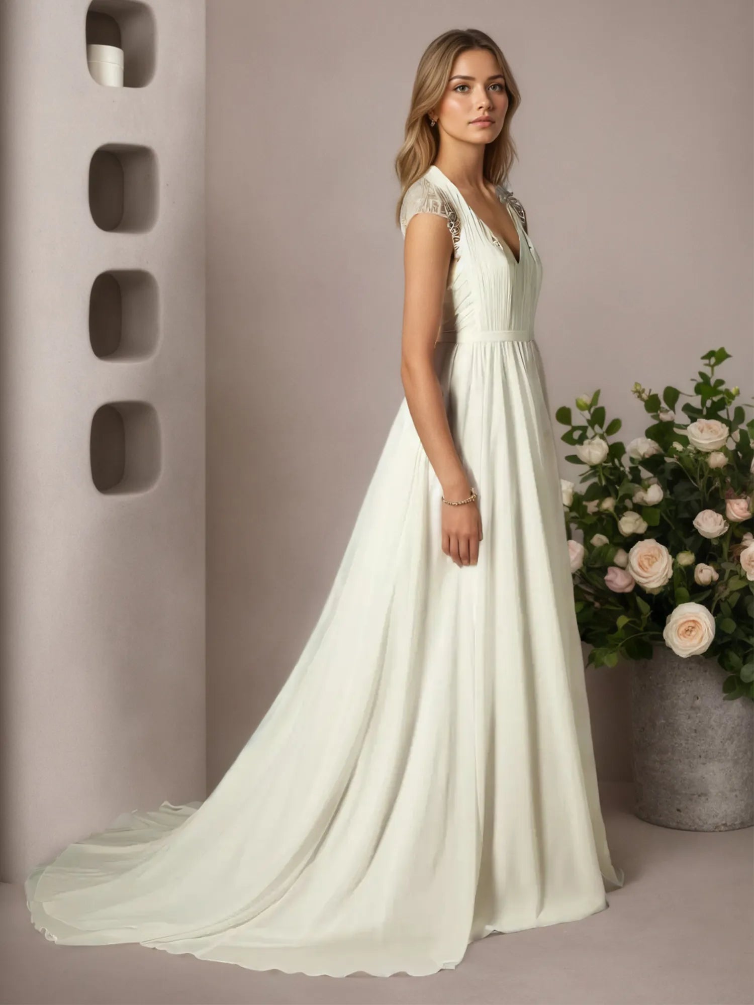 Cream A-Line Pleated Chiffon Dress