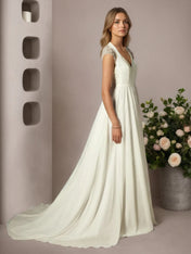Cream A-Line Pleated Chiffon Dress