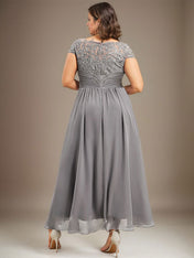 A-line Scoop Illusion Asymmetrical Lace Chiffon Mother of the Bride Dress With Pleated