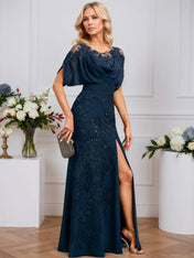 Sheath/Column Scoop Illusion Floor-Length Chiffon Lace Evening Dress With Pleated Sequins Beading