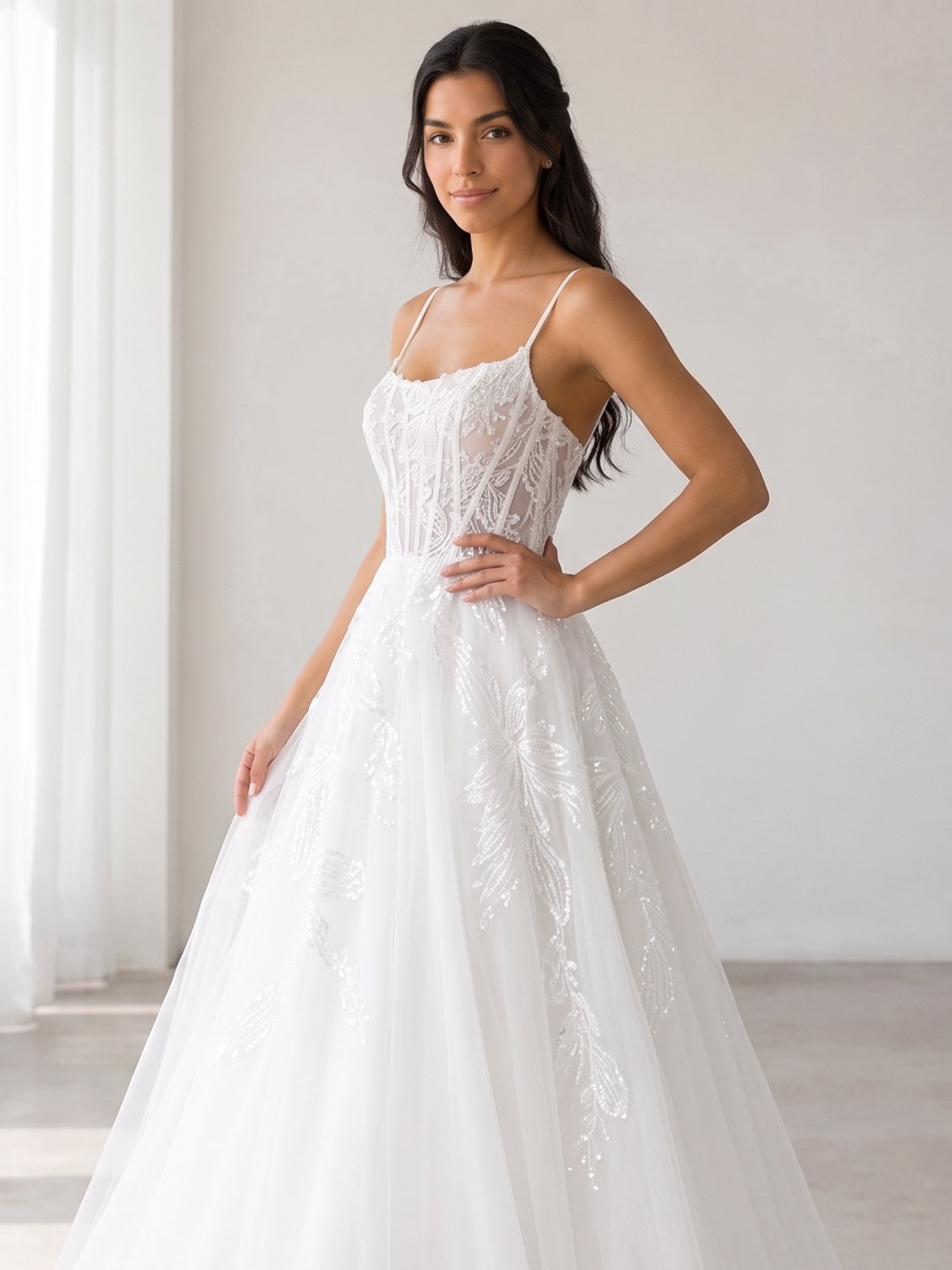 Elegant Spaghetti-Strap White Tulle A-Line Wedding Dresses with Corset and Chapel Train
