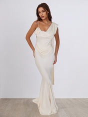 Ivory Satin Asymmetrical Neck Sleeveless Floor Length Dress With 3D Flower