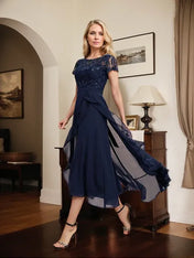 A-line Scoop Illusion Asymmetrical Chiffon Lace Mother of the Bride Dress With Bow Ruffle Sequins