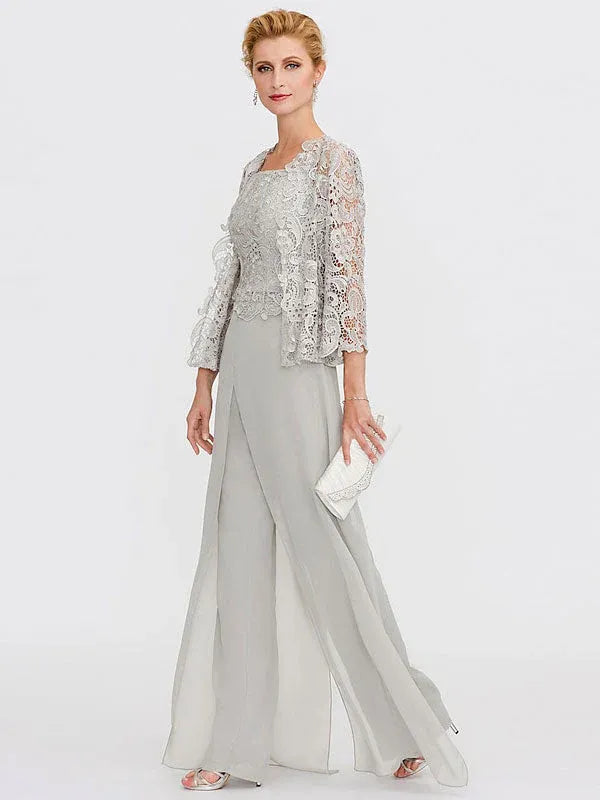 Ensemble 3 pièces en mousseline de soie avec col carré et veste pour mère de la mariée 