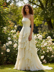 Elegant Strapless Sleeveless Ruffles Tiered Bridesmaid Dress