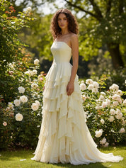 Elegant Strapless Sleeveless Ruffles Tiered Bridesmaid Dress