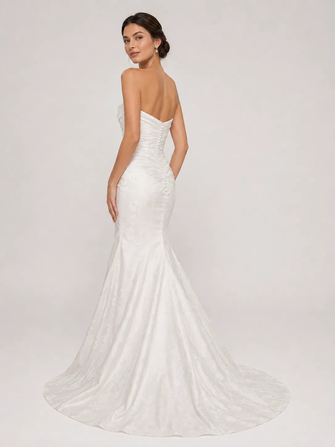 Strapless Ruched Floral Jacquard Mermaid Wedding Dress with Chapel Train