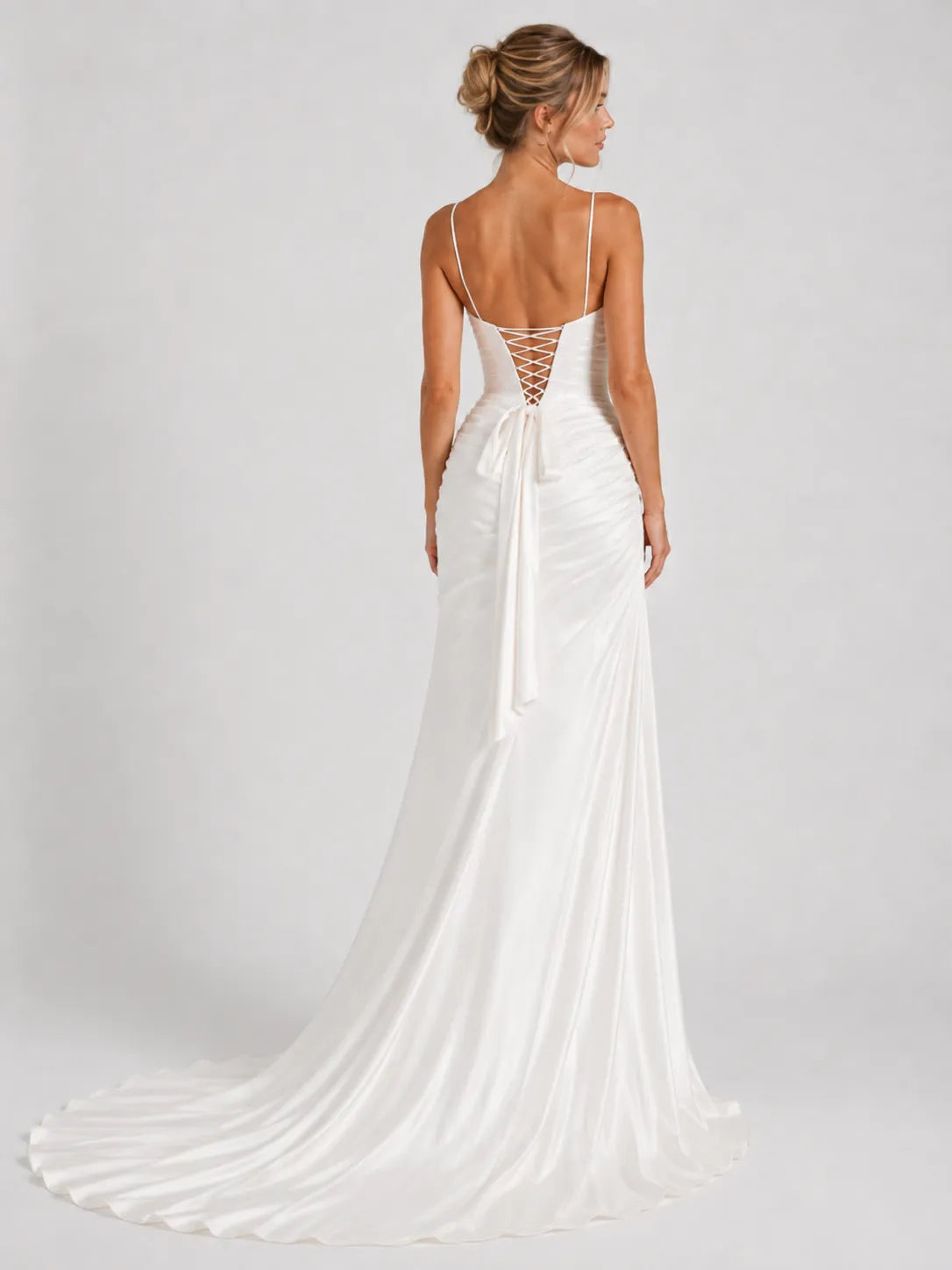 Elegant Spaghetti Strap Satin Wedding Dress with Draped Neckline, Ruched Skirt and High Slit
