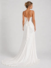 Elegant Spaghetti Strap Satin Wedding Dress with Draped Neckline, Ruched Skirt and High Slit