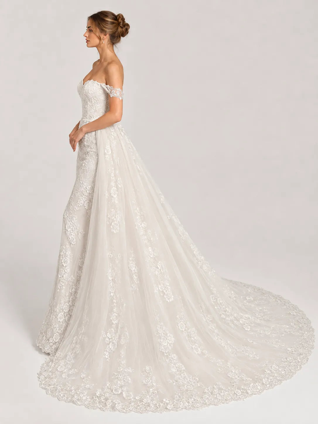 Elegant Off-the-Shoulder Sweetheart Lace Mermaid Wedding Dress with Layered Overskirt and Cathedral Train