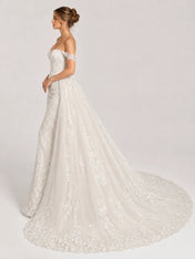Elegant Off-the-Shoulder Sweetheart Lace Mermaid Wedding Dress with Layered Overskirt and Cathedral Train
