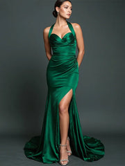 Evening Dress Dark Green Halter Neck Design Tube Top High Slit Long Dress