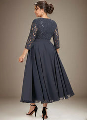 A-line Scoop Tea-Length Lace Chiffon Mother of the Bride Dress With Sequins