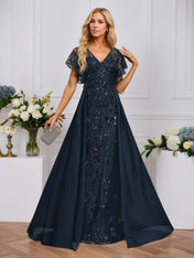 Sheath/Column Illusion V-Neck Floor-Length Sequin Chiffon Lace Evening Dress With Overskirt