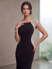 High Neck Cap Sleeve Sequin Contrast Mermaid Evening Gown