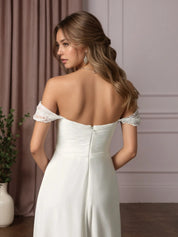 White A-Line Off the Shoulder Chiffon Wedding Dress