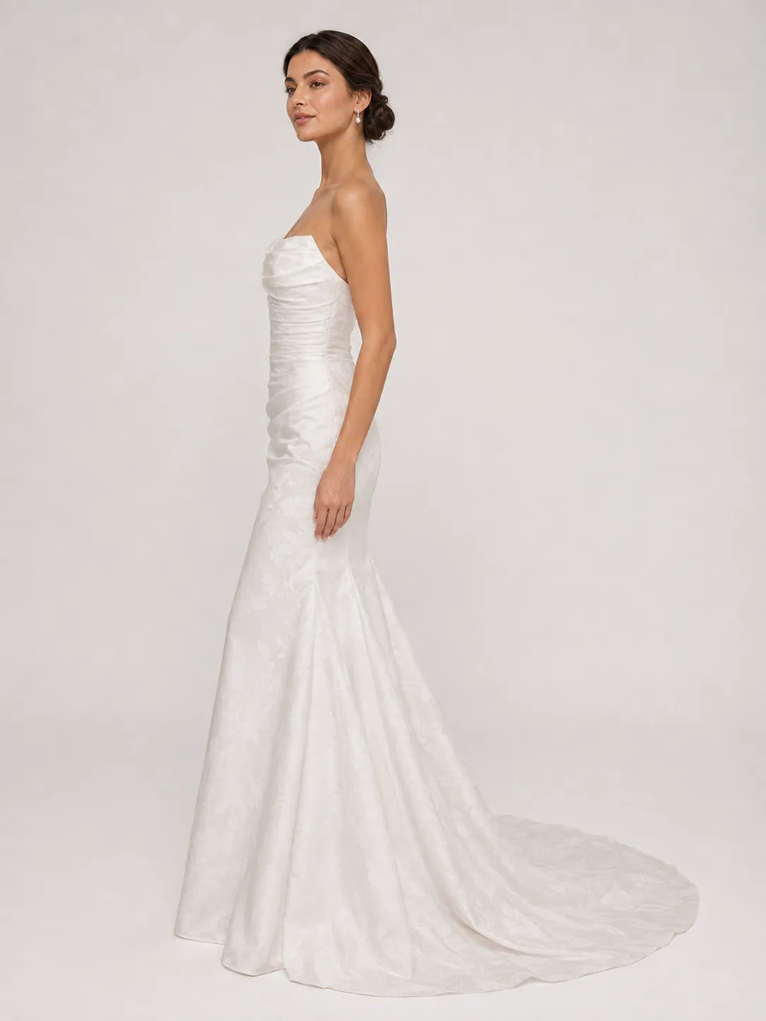 Strapless Ruched Floral Jacquard Mermaid Wedding Dress with Chapel Train
