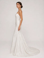 Strapless Ruched Floral Jacquard Mermaid Wedding Dress with Chapel Train