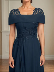 A Line Square Neck Tea Length Chiffon Mother of the Bride Dress With Pleated Sequins