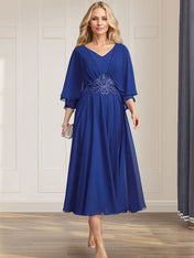 A-line V-Neck Tea-Length Chiffon Mother of the Bride Dress With Pleated Sequins Appliques Lace Beadind