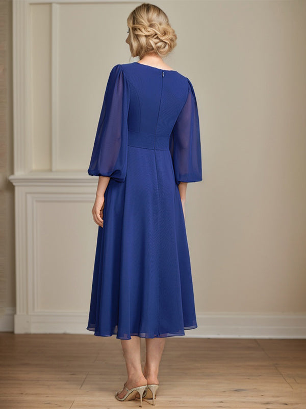 A-line Scoop Tea-Length Chiffon Mother of the Bride Dress With Crystal Brooch Pleated